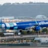 A JetBlue Airbus A321 airplane approaches San Diego International Airport for a landing after a flight from Boston on June 20, 2026 in San Diego, California