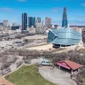 Aerial view of the Canadian Museum for Human Rights, in Winnipeg, Manitoba, Canada, on April 28, 2024. 