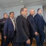 IRAN'S DELEGATION including Minister of Foreign Affairs of Iran Abbas Araghchi (C) and Speaker of the Islamic Parliament of Iran, Mohammed Bagher Ghalibaf (3rdR) arrive for a quadrilateral meeting between the United States, Iran, Pakistan, and Qatar.