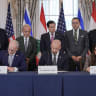 US Secretary of State Marco Rubio looks on as State Department Counselor Daniel Holler, Israel's Ambassador to the US Yechiel Leiter and Lebanon's Ambassador to the US Nada Hamadeh sign a framework agreement between Israel and Lebanon, at the State Department in Washington, DC, US, June 26, 2026.