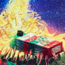 A mural depicts late figures aligned with the Iranian government, such as late President Ebrahim Raisi, slain IRGC commander Qasem Soleimani, slain Lebanese Hezbollah leader Hassan Nasrallah, and others, all carrying the flag-draped casket of Iran's slain supreme leader Ali Khamenei. June 29, 2026. 
