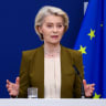 European Commission President Ursula von der Leyen speaks to the press on the 21st sanctions package against Russia in Brussels, Belgium, June 9, 2026.