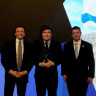 (L-R) Chairman of Selection Committee, The Genesis Prize Foundation, David Hatchwell, Argentinian President Javier Milei, and Josh Reinstein, President of the Israel Allies Foundation. 
