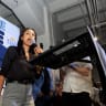 Democratic congressional candidate Melat Kiros speaks to supporters at an election-night watch party after winning the Colorado primary on June 30, 2026 in Denver, Colorado.