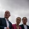 Kai Wegner (L,CDU), Governing Mayor of Berlin, Manja Schreiner (C,CDU), Senator for Mobility, Transport, and Christian Gaebler (L,SPD), Senator for Urban Development, view a public housing construction project