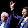 US Senator Bernie Sanders (I-VT) and New York City Mayor Zohran Mamdani hold up hands as they attend the Get Out the Vote rally in Brooklyn, New York, US, June 18, 2026. 