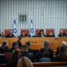 Supreme Court President Isaac Amit and ten Supreme Court justices arrive for a hearing on petitions against the change to the composition of the Judicial Selection Committee, at the Supreme Court in Jerusalem, June 21, 2026.
