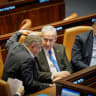 Prime Minister Netanyahu sits with National Security Minister Itamar Ben-Gvir and Defense Minister Israel Katz as the Knesset votes on the Basic Law: Torah Study bill, Wednesday, July 1, 2026. 