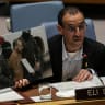 Eli Sharabi, a former hostage, holds a photograph of himself during his release by Hamas as he the United Nations Security Council in New York City, US, March 20, 2025