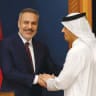 Turkey’s Foreign Minister Hakan Fidan (left) is greeted by Qatar’s Prime Minister and Foreign Minister, Sheikh Mohammed bin Abdulrahman Al Thani, in Doha, in March. 