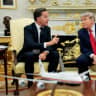 US President Donald Trump participates in a meeting with NATO Secretary General Mark Rutte in the Oval Office at the White House in Washington, DC, US, June 24, 2026.