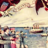 A detail from a Jewish New Year's card, showing Jews in American welcoming recent immigrants from the Russian empire. Hebrew Publishing Company, early 20th century
