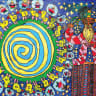 Many pictures combine abstract designs with more conventional figures.