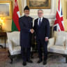 Britain's Prime Minister Keir Starmer shakes hands with Oman's Sultan Haitham bin Tariq during their meeting inside 10 Downing Street, in central London on July 2, 2026.