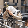 Ultra-Orthodox protesters outside of the Basimta cafe on Saturday, July 4, 2026.