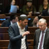 Justice Minister Yariv Levin with Communications Minister Shlomo Karhi during a discussion and a vote in the assembly hall of the Knesset, the Israeli parliament in Jerusalem, on February 22, 2023.