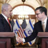 US Speaker of the House Mike Johnson (R), Republican from Louisiana, shakes hands with Prime Minister Benjamin Netanyahu as they speak to the press at the US Capitol following their closed-door meeting in Washington, February 7, 2025; illustrative.