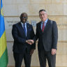 Gideon Sa'ar and Olivier Nduhungirehe at the Ministry of Foreign Affairs in Jerusalem on July 6. 