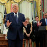 US President Donald Trump gestures after ringing the opening bell for the New York Stock Exchange (NYSE) and Nasdaq during an event to mark the launch of "Trump Accounts" in the Oval Office at the White House in Washington, July 6, 2026.