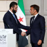 French President Emmanuel Macron shakes hands with Syrian President Ahmed al-Sharaa after a joint press conference after a meeting at the Elysee Palace in Paris, France, May 7, 2025. 
