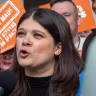 Congresswoman Haley Stevens campaigns for the US Senate at the Michigan Democratic Nominating Convention, April 19, 2026.