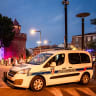 A municipal police car blocking a street in front of the Castillet in Perpignan, in the Pyrenees-Orientales department in southern France, on June 21, 2026.