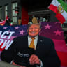 Counter-protesters hold a banner with an image of US President Donald Trump on it, on the day of a rally marking Al-Quds Day and opposing the war on Iran and Lebanon outside the US consulate in Toronto, Ontario, Canada, March 14, 2026. 