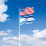 Israeli and American flags on the same pole.