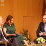 Rahm Emanuel, left, speaks with Yael Sternhell and Yoav Fromer during an event at Tel Aviv University, July 8, 2026. 
