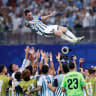Lionel Messi #10 of Argentina celebrates with teammates after the 3-2 victory during the FIFA World Cup 2026 Round of 16 match between Argentina and Egypt at Atlanta Stadium on July 07, 2026 in Atlanta, Georgia. 