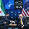 US President Donald Trump meets Syrian President Ahmed al-Sharaa (L) on the sidelines of the NATO Summit at Bestepe Presidential Compound in Ankara, on July 8, 2026.