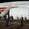US President Donald Trump gestures during a stop to switch to the Qatari-gifted Air Force One after arriving on one of the older planes operating as Air Force One, to return to Washington after his participation in a NATO leaders summit in Turkey, at RAF Mildenhall, Britain, July 8, 2026