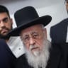Head of Shas party Aryeh Deri and Shas spiritual leader Rabbi Yitzhak Yosef visit at the scene of suspected arson and vandalism at a Jerusalem synagogue which is often frequented by Rabbi Yosef, June 8, 2025. 