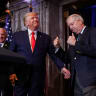 US Senator Lindsey Graham (R-SC) gestures, while standing next to former US President Donald Trump, during Donald Trump's campaign stop to unveil his leadership team, at the South Carolina State House in Columbia, South Carolina, US, January 28, 2023.