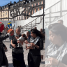 Stockholm pro-Palestine protest uses mock Auschwitz gate with word 'Gaza' on July 11.