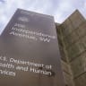 A sign marks the location of the US Department of Health and Human Services headquarters building on March 30, 2026, in Washington, DC. 