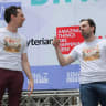 osh Grisetti and Rob McClure from the cast of "Something Rotten" perform at 106.7 LITE FM's Broadway in Bryant Park in Bryant Park on August 11, 2016 in New York City.