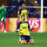 Anan Khalaili celebrates scoring the second goal against Olympique de Marseille.