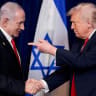 US President Donald Trump points his finger towards Israeli Prime Minister Benjamin Netanyahu as they shake hands during a press conference after meeting at Trump’s Mar-a-Lago club in Palm Beach, Florida.