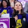Maine Secretary of State Shenna Bellows speaks during a May Day rally organized by unions outside City Hall in Portland, Maine, on May 1, 2026.