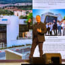 Erel Margalit speaks at a New York gathering focused on a long-term recovery and growth plan for the Galilee.