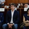 David Sanchez, brother of Spain's Prime Minister Pedro Sanchez, sits next to Miguel Angel Gallardo, the former leader of the Spanish Socialists party PSOE in Extremadura, in court at the beginning of their trial at the Provincial Court of Badajoz in Badajoz on May 28, 2026.