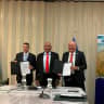 Left to Right - Josh Reinstein, President of the Israel Allies Foundation; Prime Minister of Fiji, Sitiveni Ligamamada Rabuka; Deputy Prime Minister of Fiji, Villiame R. Gavoka, holding the signed Israel Allies Foundation declaration establishing the Fiji Israel Allies Caucus.