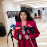 Deputy Foreign Minister Sharren Haskel speaks to the media as she announces her resignation as Deputy Foreign Minister at the Knesset in Jerusalem, July 14, 2026.