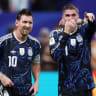 Soccer Football - FIFA World Cup 2026 - Semi Final - England v Argentina - Atlanta Stadium, Atlanta, Georgia, US - July 15, 2026 Argentina's Lionel Messi and Rodrigo De Paul celebrate after the match.