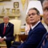 Treasury Secretary Scott Bessent (2nd-R) and Secretary of War Pete Hegseth (R) attend a meeting with U.S. President Donald Trump (L) and Prime Minister of Iraq Ali al-Zaidi in the Oval Office of the White House on July 14, 2026 in Washington, DC.