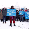Members of the National Education Association and allies in Congress rally outside Secretary of Education nominee Linda McMahon’s confirmation hearing on February 12, 2025 in Washington, DC.