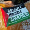 Potatoes in a Marks and Spencers labeled with an anti-Israel sticker, July 15, 2026.