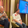 Avi Nesher, Emilio Schenker, and Danny Cohen (on the screen) spoke at a panel on Israeli film at the Jerusalem Film Festival.