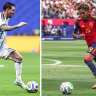 Argentina's star Lionel Messi, left, in Atlanta on Jul. 7, 2026, and Spain's star Lamine Yamal in Inglewood on Jul. 2, 2026. Spain and Argentina will meet in the 2026 World Cup football tournament final match at the New York/New Jersey Stadium in East Rutherford on July 19, 2026.